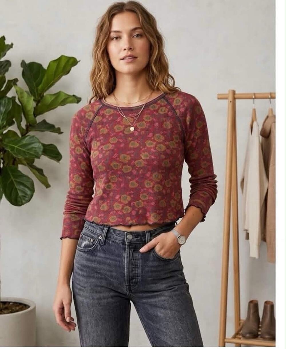Natural Life Women’s Lily Cotton LS Tee Shirt Floral Size Large L Red Floral